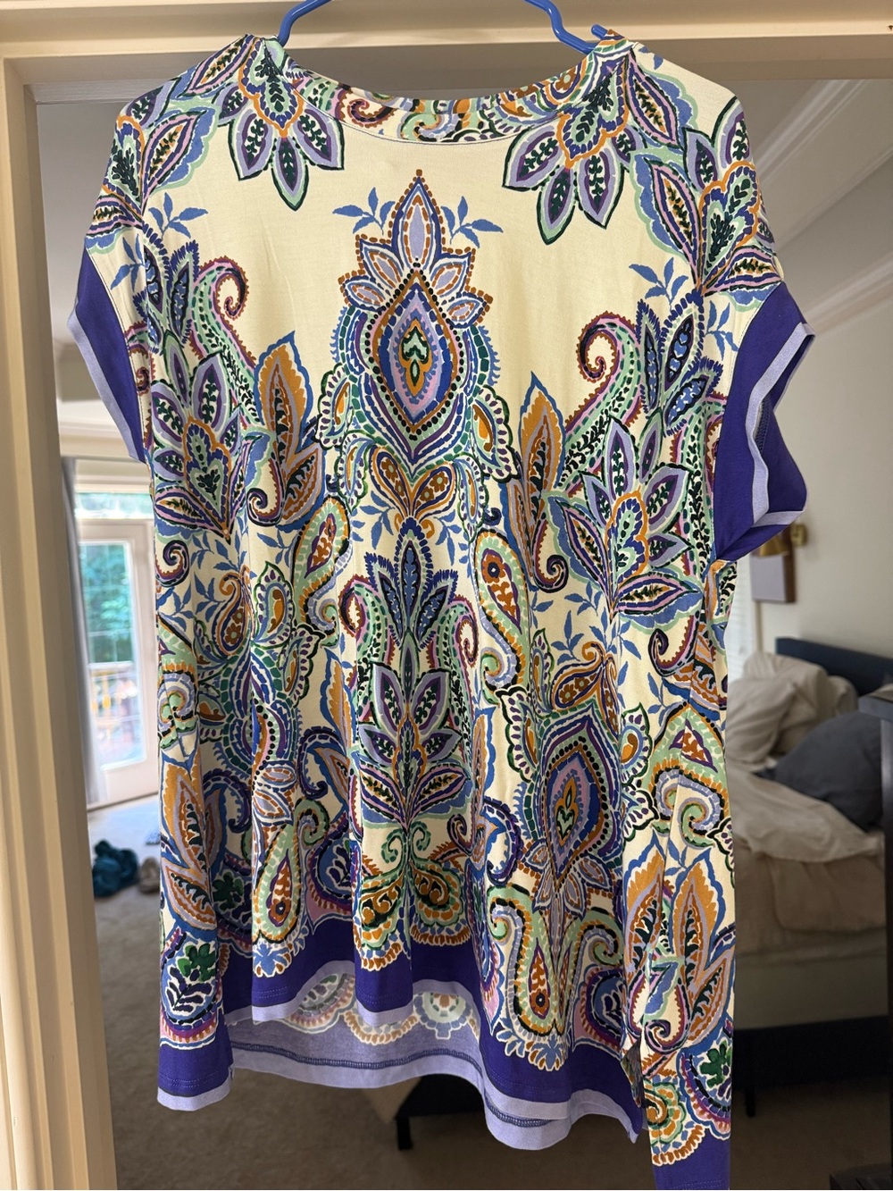 Johnny Was Cream Paisley Short Sleeve Tee with Purple Trim